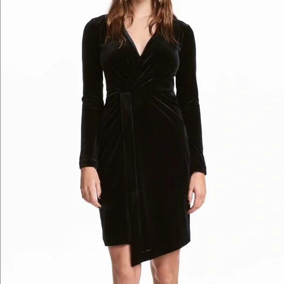 h&m black velvet wrap dress Fea Wrap Frill Dress